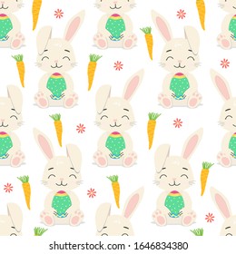 Hand drawn seamless pattern of cute cartoon character rabbit with egg, carrot, flower. Сolorful doodle Bunny vector illustration for Easter, greeting card, invitation, wallpaper, wrapping paper.