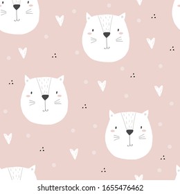 Hand drawn seamless pattern with cute little cat cartoon style. Vector pattern. doodle illustration for kids vector print