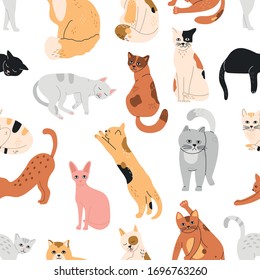 Hand drawn seamless pattern with cute cats. Vector illustration in flat style. 