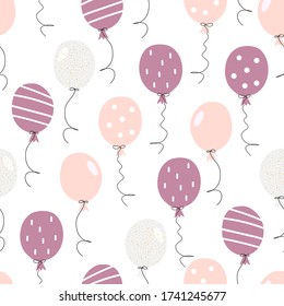 Hand drawn seamless pattern of cute pink and purple party air balloons. Colorful doodle vector illustration for Birthday, baby room, greeting card, invitation, wallpaper, wrapping paper, packaging.