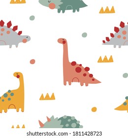 Hand Drawn seamless pattern with cute dinosaur and abstract elements