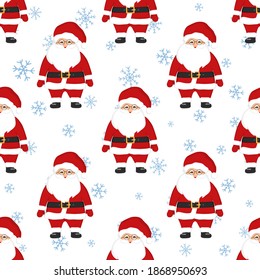 Hand drawn seamless pattern of cute Christmas Santa Claus with glasses, snowflakes. Happy New Year and Christmas character vector illustration for greeting card, invitation, wallpaper, wrapping paper