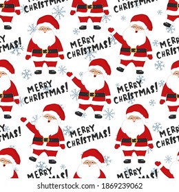 Hand drawn seamless pattern of cute smiling Santa Claus, snowflakes. Lettering Merry Christmas. New Year and Christmas character illustration for greeting card, invitation, wallpaper, wrapping paper