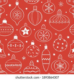 Hand Drawn Seamless Pattern With Cute Hand Drawn Christmas Tree Decorations, Baubles. Repetitive New Year Baubles Print. Vector Design In Red And White. 