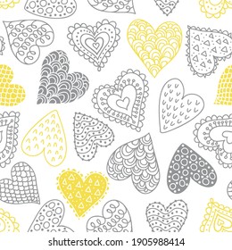 Hand drawn seamless pattern with cute hearts for Valentine's day. Illuminating and Ultimate Gray colors of the year vector illustration