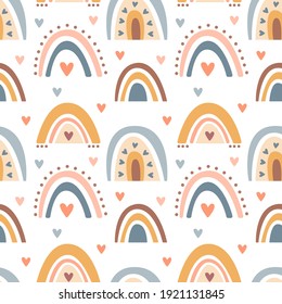 Hand drawn  seamless pattern of  cute boho rainbows pastel color isolated on white background. Vector flat illustration. Design for baby textile, wallpaper, wrapping, backdrop