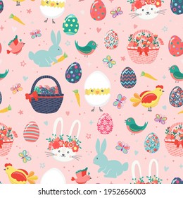 Hand drawn seamless pattern of cute Easter eggs, chicken, rabbit, bunny, chick in eggshell, flowers, butterfly, baskets, carrots, birds, hearts, leaves. Happy Easter spring floral sketch illustration