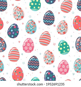 Hand drawn seamless pattern of cute Easter eggs with patterns, flowers, lines, polka dots, circles and hearts with stars. Colorful Happy Easter spring sketch illustration for wallpaper, wrapping paper