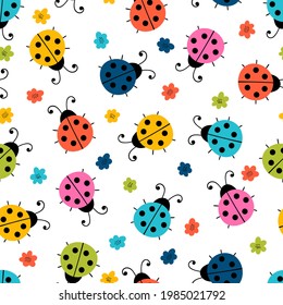 Hand drawn seamless pattern with cute ladybugs and flowers. Simple graphic design. Scandinavian style. Lovely background. Vector illustration