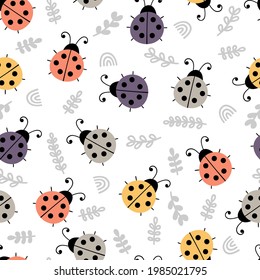 Hand drawn seamless pattern with cute ladybugs. Simple graphic design. Scandinavian floral style. Lovely background. Vector illustration