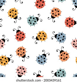 Hand drawn seamless pattern with cute ladybugs and flowers. Simple graphic design. Lovely background. Scandinavian style. Vector illustration