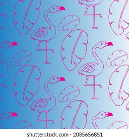 Hand drawn seamless pattern with cute flamingo. Pink line animals on blue background. Vector illustration.
