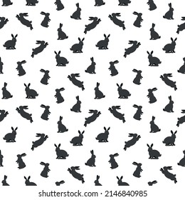 Hand drawn seamless pattern with cute black grey rabbits on a white  background. Vector illustration