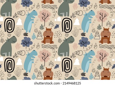 hand drawn seamless pattern with cute hippos