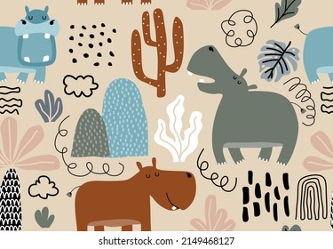 hand drawn seamless pattern with cute hippos