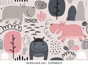 hand drawn seamless pattern with cute hippos