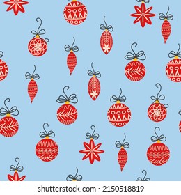 Hand drawn seamless pattern with cute hand drawn Christmas tree decorations, baubles. New Year baubles print.