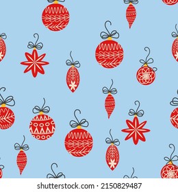 Hand drawn seamless pattern with cute hand drawn Christmas tree decorations, baubles. New Year baubles print.