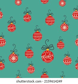 Patrón sin fisuras dibujado a mano con adorables decoraciones de árboles de Navidad dibujadas a mano, baubles. Impresión de baubles de Año Nuevo.