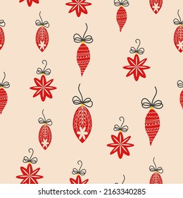 Hand drawn seamless pattern with cute hand drawn Christmas tree decorations, baubles. New Year baubles print.