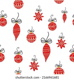 Hand drawn seamless pattern with cute hand drawn Christmas tree decorations, baubles. New Year baubles print.
