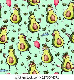 Hand drawn seamless pattern with cute kawaii avocado in doodle style. Cute kawaii seamless pattern with avocado.