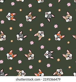 Hand drawn seamless pattern with Cute Corgi Puppy Dog breed 
on background design for fabric, wrapping, textile, posters, wallpaper, apparel 
illustrations. Textile composition. Vector illustration.