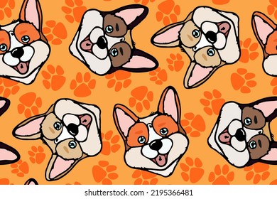 Hand drawn seamless pattern with Cute Corgi Puppy Dog breed 
on background design for fabric, wrapping, textile, posters, wallpaper, apparel 
illustrations. Textile composition. Vector illustration.