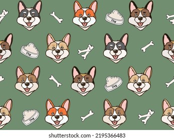 Hand drawn seamless pattern with Cute Corgi Puppy Dog breed 
on background design for fabric, wrapping, textile, posters, wallpaper, apparel 
illustrations. Textile composition. Vector illustration.