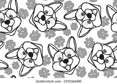 Hand drawn seamless pattern with Cute Corgi Puppy Dog breed 
on background design for fabric, wrapping, textile, posters, wallpaper, apparel 
illustrations. Textile composition. Vector illustration.