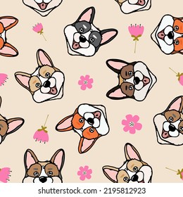 Hand drawn seamless pattern with Cute Corgi Puppy Dog breed on background design for fabric, wrapping, textile, posters, wallpaper, apparel illustrations. Textile composition. Vector illustration.