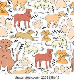 Hand drawn seamless pattern of cute dogs isolated on white background.