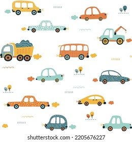 Kid’s hand drawn seamless pattern with cute cars