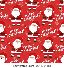 Hand drawn seamless pattern of cute smiling Santa Claus, snowflakes. Lettering Merry Christmas. New Year and Christmas character illustration for greeting card, invitation, wallpaper, wrapping paper