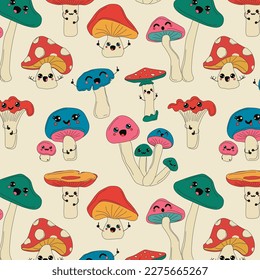 Hand drawn seamless pattern and Cute Kawaii Mushrooms cartoon icon illustration  Food vegetable flaticon concept isolated white background  Character  mascot in Doodle style 