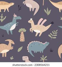 Hand drawn seamless pattern with cute and funny dinosaurs. Prehistoric illustration in a simple scandinavian style. Fabric, web, wrapping paper, clothing.