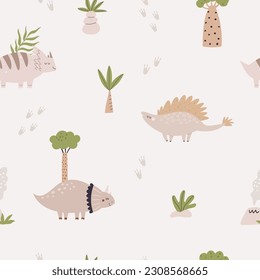 Hand drawn seamless pattern with cute and funny dinosaurs. Prehistoric illustration in a simple scandinavian style. Fabric, web, wrapping paper, clothing.