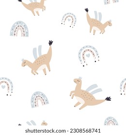 Hand drawn seamless pattern with cute and funny dinosaurs with wings and raainbows. Fabric, web, wrapping paper, clothing.