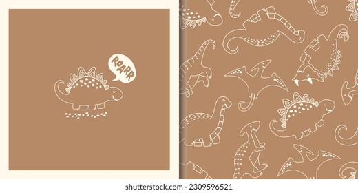 Patrón sin fisuras dibujado a mano con dinos Cute en un estilo esquemático de contorno simple. Caracteres Doodle Animals Background. Dinosaurios de dibujos animados, volcán y plantas. Ilustración del vector