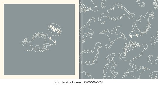 Hand drawn seamless pattern with  Cute dinos in simple outline sketchy style. Doodle characters Animals Background. Cute Cartoon Dinosaurs, volcano, and plants. Vector illustration