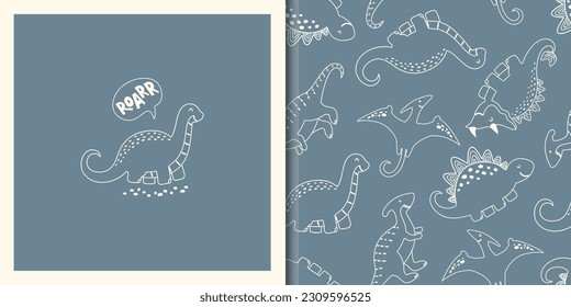 Hand drawn seamless pattern with  Cute dinos in simple outline sketchy style. Doodle characters Animals Background. Cute Cartoon Dinosaurs, volcano, and plants. Vector illustration