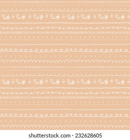 Hand drawn seamless pattern. Cute texture of hearts, waves, lines and points