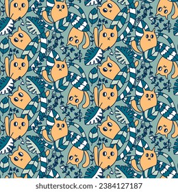 Hand drawn seamless pattern with cute cats in the jungle. Perfect print for tee, paper, textile and fabric. Doodle vector illustration.
