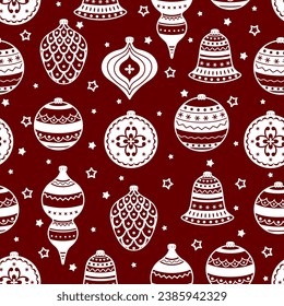 Hand drawn seamless pattern with cute hand drawn Christmas tree decorations, baubles. Perfect for holiday invitations, winter greeting cards, wallpaper and gift paper