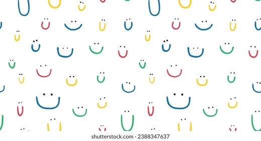 Hand drawn seamless pattern with cute smiles. Colored doodle different smiles for card, fabric, wrapping paper, notepad covers, wallpapers isolated on white background.