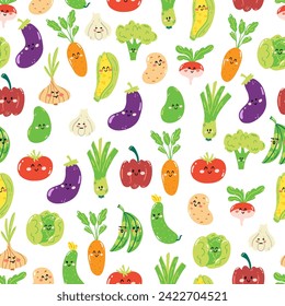 Hand drawn seamless pattern with cute kawaii veggies on white background. Colorful wallpaper with vegetables for print, wrapping paper, textile