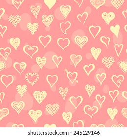Hand drawn seamless pattern with cute hearts, Valentine`s day background.