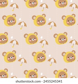 Hand drawn seamless pattern with cute bear and umbrella on brown background