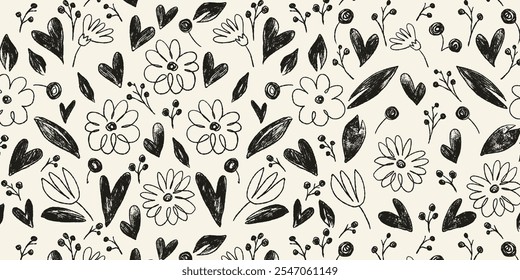 Hand drawn Seamless Pattern with Cute Flowers, Leaves and Berries. Simple grunge botanical background. One line chamomile flower. Children sketches scattered on a white background