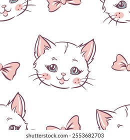 Hand drawn seamless pattern with cute cat faces with bows in pastel colors, kids kitten design vector illustration